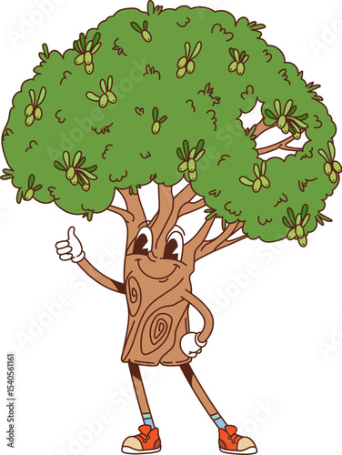 Cartoon groovy hippie olive tree plant character with funny face, vector personage. Groovy olive tree with silly crazy smile and thumb up gesture as freaky hipster or psychedelic forest emoji