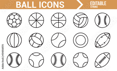 Minimalist Ball Icons Set for Various Sports: Soccer, Basketball, Tennis, and More