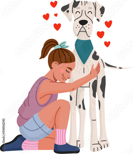 Cartoon girl hugs big spotted Dalmatian dog. Vector child with happy facial expression kneels, petting and embraces pet with love. Cute emotional scene with hearts, friendship, care and connection