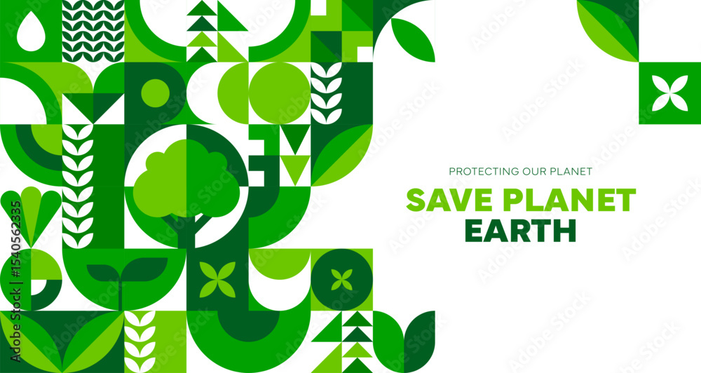 Naklejka premium Save Earth environment ecology poster with green geometric pattern, vector banner. Save planet and protect earth poster for nature conservation and green ecology protection and biodiversity concept
