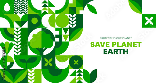 Save Earth environment ecology poster with green geometric pattern, vector banner. Save planet and protect earth poster for nature conservation and green ecology protection and biodiversity concept