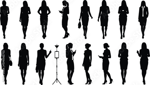 Silhouette business women, walking, standing, holding phone, confident, modern, corporate, fashion, office attire, elegant pose, vector illustration
