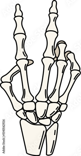 Cartoon groovy Halloween skeleton hand forming the iconic V symbol for victory gesture. Isolated vector eerie skeletal arm with outstretched bony fingers, symbolizing triumph and success