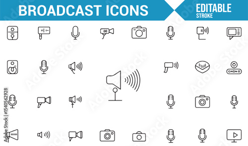 Collection of Media and Broadcast Icons: Cameras, Speakers, and Sound Waves