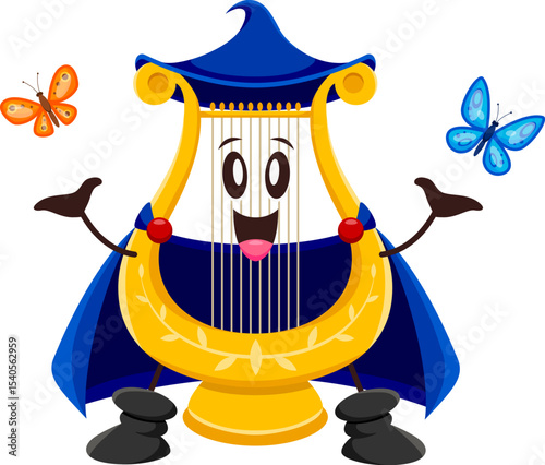 Cartoon lire Halloween mage and wizard musical instrument character. Isolated vector funny fairy lyre personage wears blue cape and hat, playing with butterflies. Adorable plucked stringed enchantress