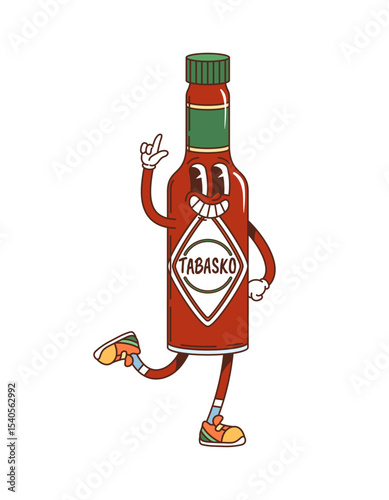 Cartoon groovy tabasco sauce bottle character showcasing hippie y2k vibe with bright sneakers. Isolated vector glass container with saucy condiment, funky food retro personage strikes a cheerful pose