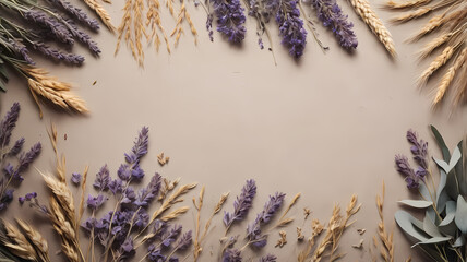 Moody texture background with floral border of dried plants and soft herbs. Includes eucalyptus, lavender, wheat. Great for wellness branding, product display, and digital design