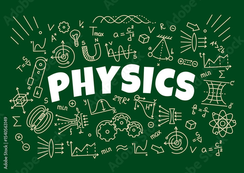 Physics formulas on school board vector background. Physics science education sketch chalk symbols, physical laws, theory graphs, magnet and prism on board