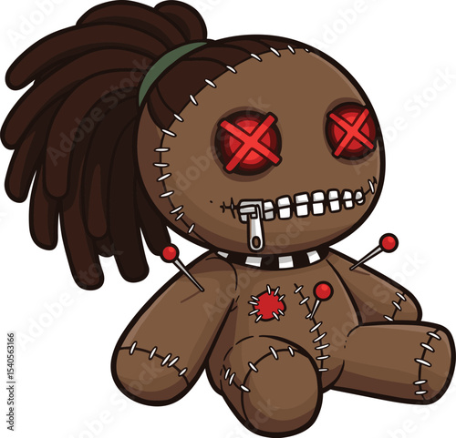Creepy stitched voodoo doll with red button eyes, dreadlocks, pins, zipper mouth, spooky design for Halloween or horror concepts