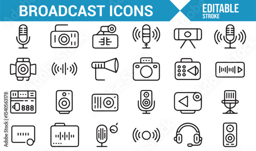 Simple Line Icons for Broadcast Technology: Microphones, Cameras, and Speakers