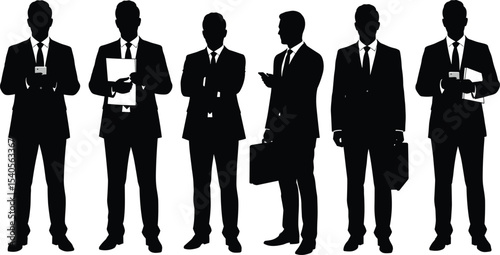 Silhouette business men in suit, holding phone, documents, tablet, standing, walking, office workers, teamwork, corporate concept, vector illustration