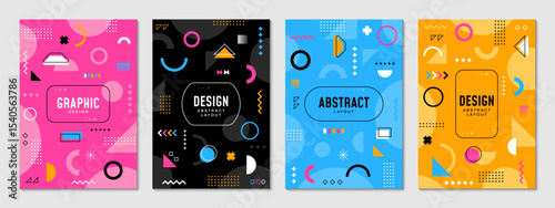 Memphis posters with abstract geometric shapes. Modern cover background templates with abstract figures. Vector playful cards or story posts, feature graphic patterns in retro modern style of the 80s
