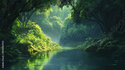 Serene Jungle River: A Tranquil Escape into Lush Greenery
