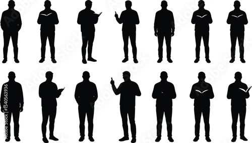 Silhouette vector of men standing, reading, using phone, pointing, holding book, side view, front view, casual pose, communication concept