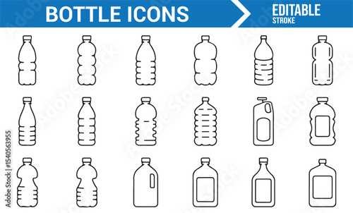 Vector Bottle Icons Collection Featuring Simple Designs of Plastic and Drink Bottles