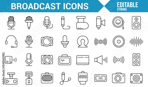 Icons Representing Broadcast and Media: Cameras, Speakers, and Microphones