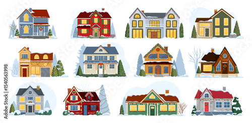 Christmas winter house building exteriors, isolated home facades with snowy roofs, vector Xmas holiday village street set. Cartoon winter houses and cottages with Christmas trees, lights, door wreaths
