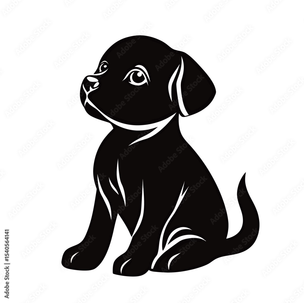 Fototapeta premium Adorable black puppy illustration with big eyes, sitting and looking curiously.