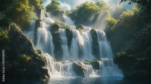 Majestic Waterfall Cascading Through Lush Tropical Paradise