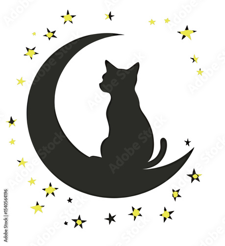Silhouette of a cat sitting on a crescent moon surrounded by stars.