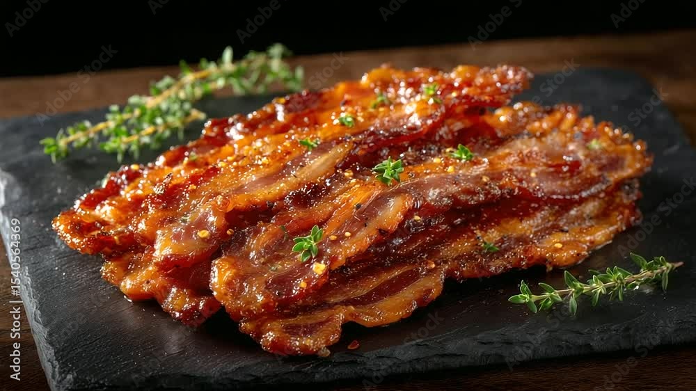 Steamy smoked bacon strips infused with spices, arranged on a rustic black slab, showcasing glistening fat and crisp edges under soft lighting