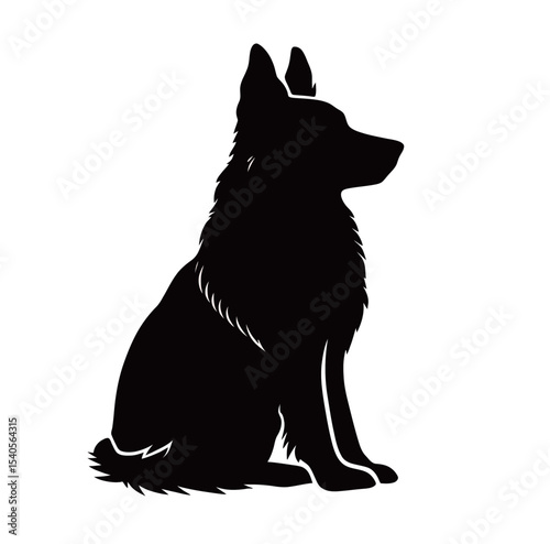 Silhouette of a sitting dog against a white background.