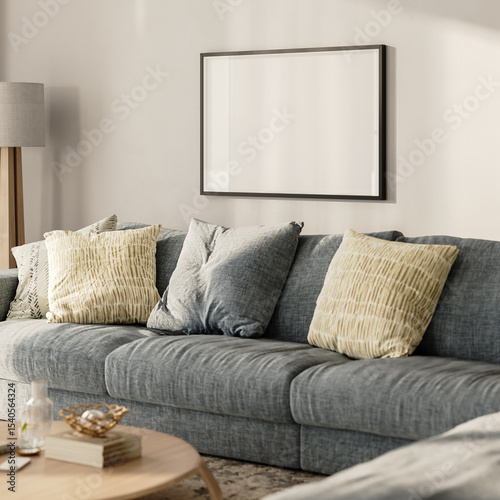 Blank horizontal frame mock-up in modern living room interior, 3d render