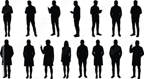 Silhouette vector illustration of people standing, talking, using phone, reading, communicating, walking, gesturing, front view, side view, business pose