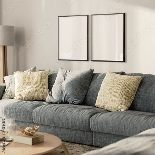 Two blank frames in modern living room interior, 3d render