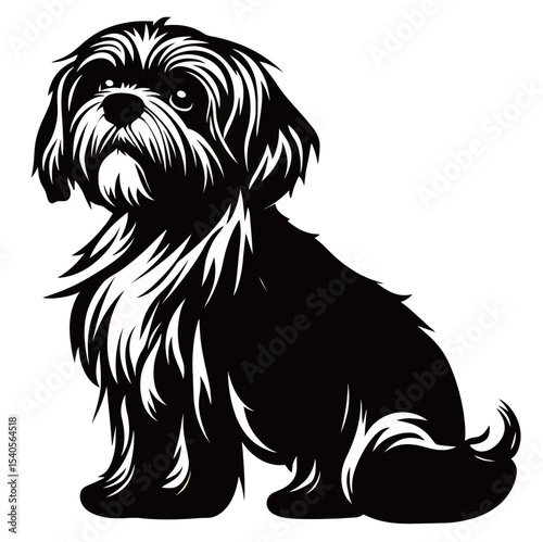 A stylized black silhouette of a fluffy dog sitting gracefully.