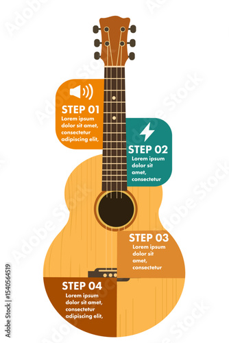 Infographic template featuring a guitar with four steps, ideal for illustrating musical processes or creative stages. Vector design.