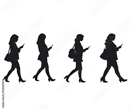 Silhouettes of four women walking and using smartphones, representing modern connectivity.