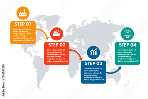 Infographic template featuring a global map with four interconnected steps, ideal for illustrating business processes, global strategies, or project timelines.