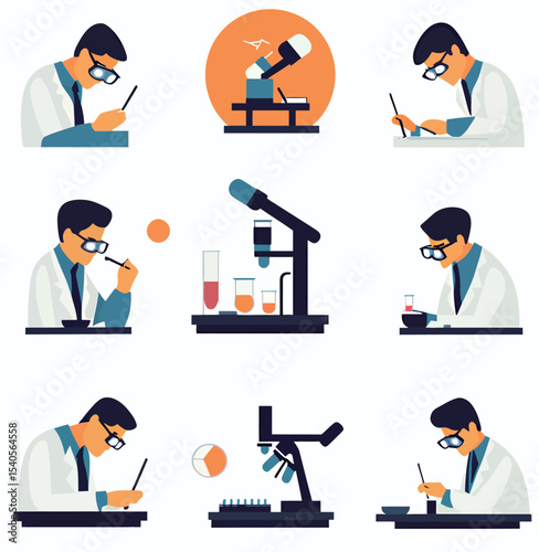 Male scientist involving in various laboratory experiments with colorful equipment.