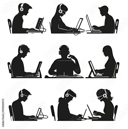 Diverse group of people engaged in digital activities with headphones.