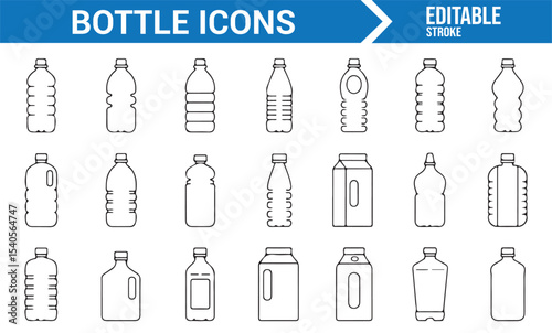 Minimalist Bottle Icons Set for Water, Plastic Containers, and Beverages