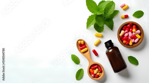 Variety of vitamin pills in wooden spoon on white background with green leaf, supplemental and healthcare product, flat lay surface, white space for text