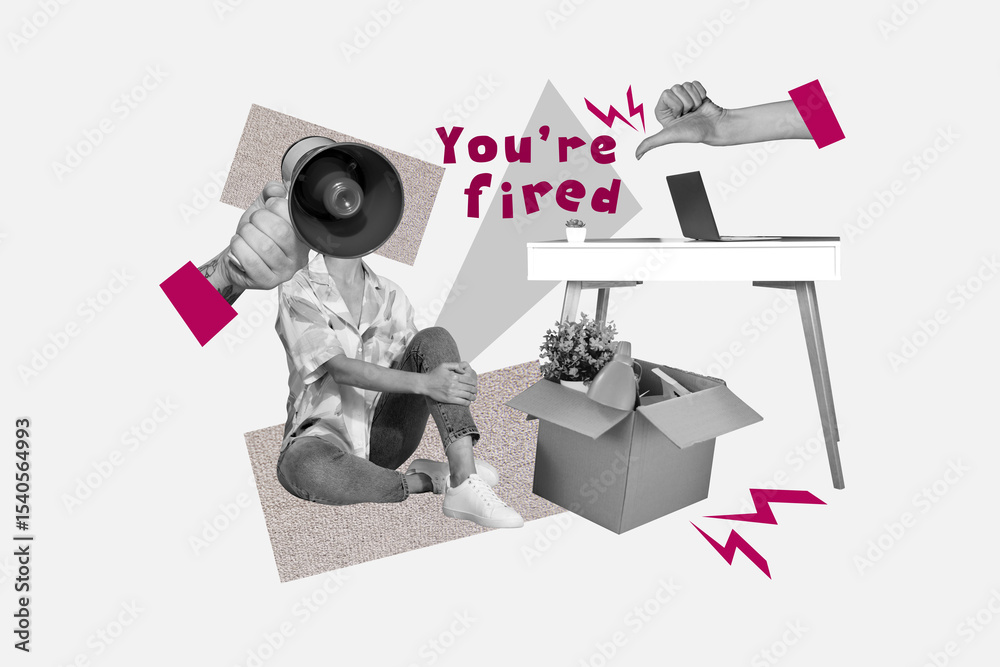 Fototapeta premium Contemporary artwork collage of anonym employee girl instead head megaphone pressure boss redundancy fired office supplies box