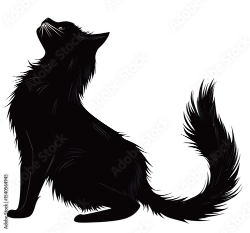 Silhouette of a black cat gazing upward against a white background.
