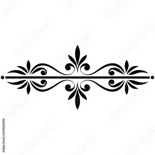 Two Black Decorative Divider Lines Set with Floral Swirls and Leaf Accents Elegant Symmetrical Design Element for Text Separation