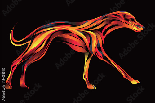A vibrant, stylized illustration of a dog in bold red and orange hues.