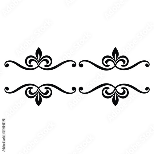 Two Sets of Black Decorative Flourish Divider Lines Elegant Swirls and Fleur de Lis Design Elements for Text Separation or Page Decoration
