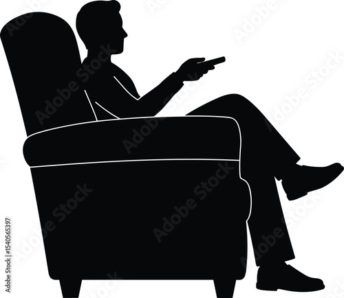 Silhouette man sitting on chair, holding remote, watching TV, relaxing at home, leisure time, vector illustration, black figure design