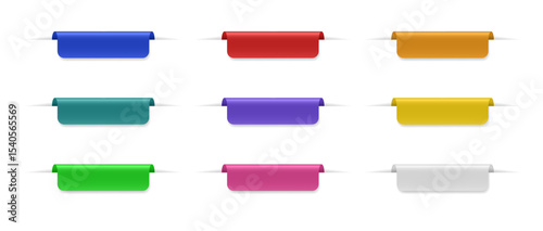 Set of short and wide labels with shadows. Bent bookmarks for marking pages. Multicolored paper sheets with rounded edges