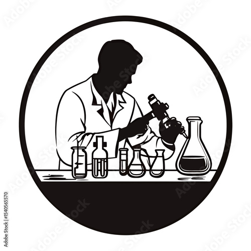 Silhouette of a male scientist examining samples under a microscope.