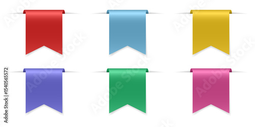 Set of short ribbons or bookmarks. Favourites sign. Flag shape. Multicolored labels