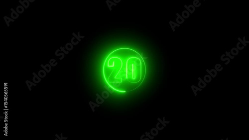 Abstract glowing neon text 20 number countdown icon. Glowing sign on black background Neon number. Glowing blue neon countdown timer number animation 4k video