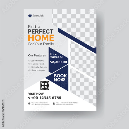 Modern Real Estate Flyer Template Featuring a Luxurious Home with Three Bedrooms and a Swimming Pool
