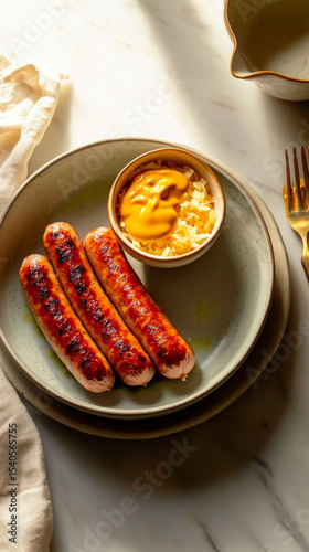 A plate showcases flavorful grilled sausages served alongside tangy sauerkraut, with a small bowl of mustard, highlighting a traditional German meal