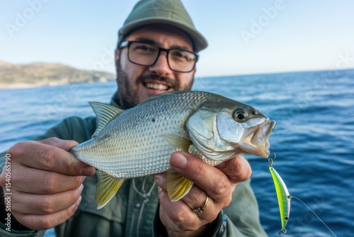 closeup of man holding freshly caught fish with lure